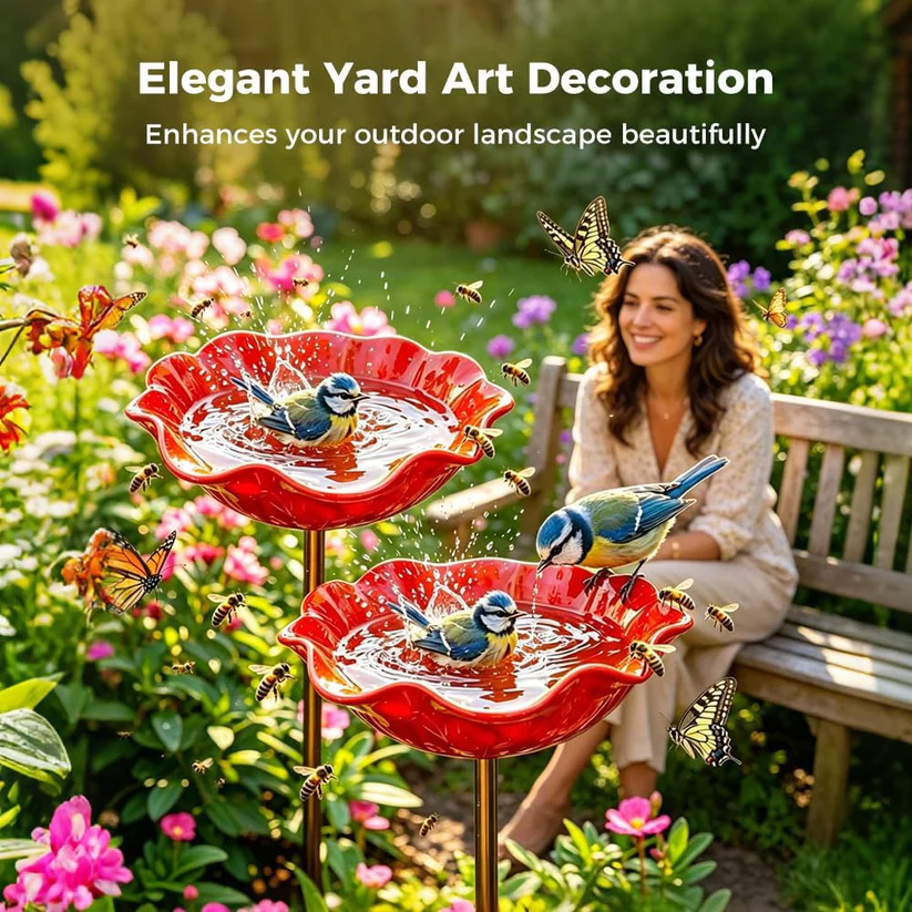 Red bird bath with birds and butterflies in a garden setting, woman sitting on a bench.