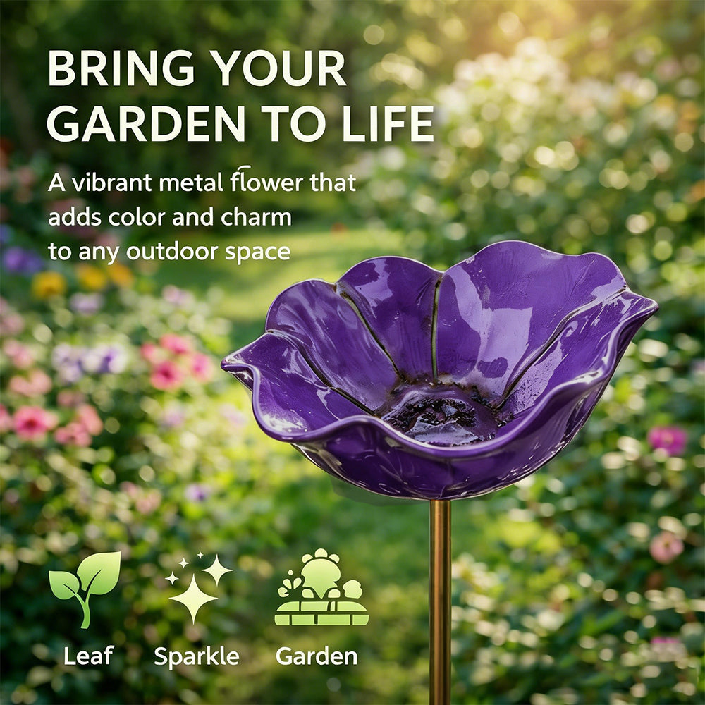 Purple metal flower on a stand with garden background