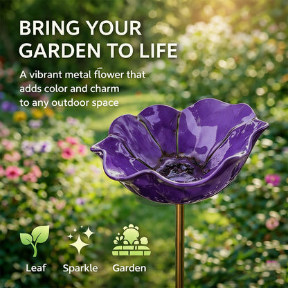Purple metal flower on a stand with garden background