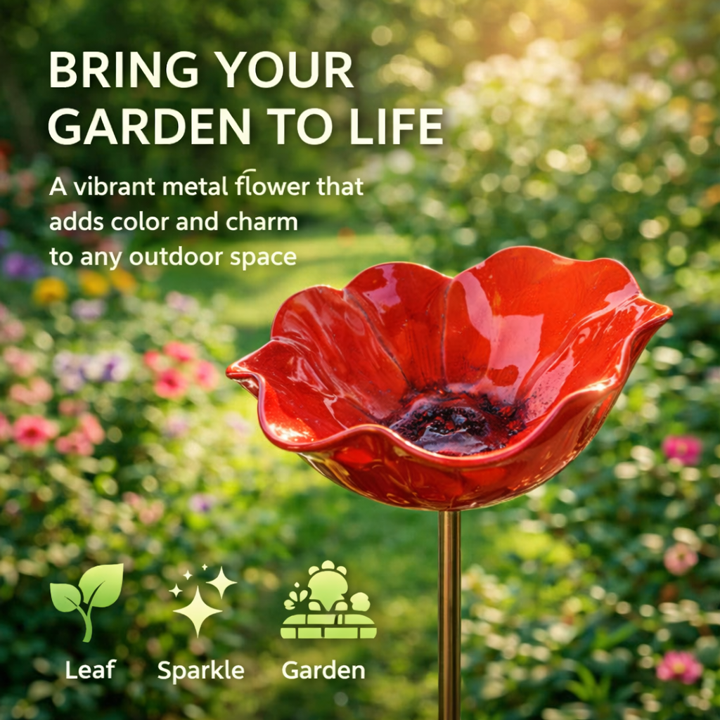 Red metal flower on a stand with garden background and text about adding color and charm to outdoor spaces.