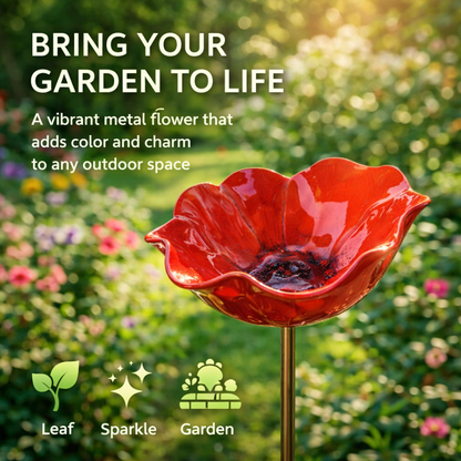 Red metal flower on a stand with garden background and text about adding color and charm to outdoor spaces.