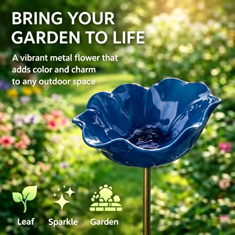 Blue metal flower garden ornament with text 'Bring Your Garden to Life' on a blurred garden background.