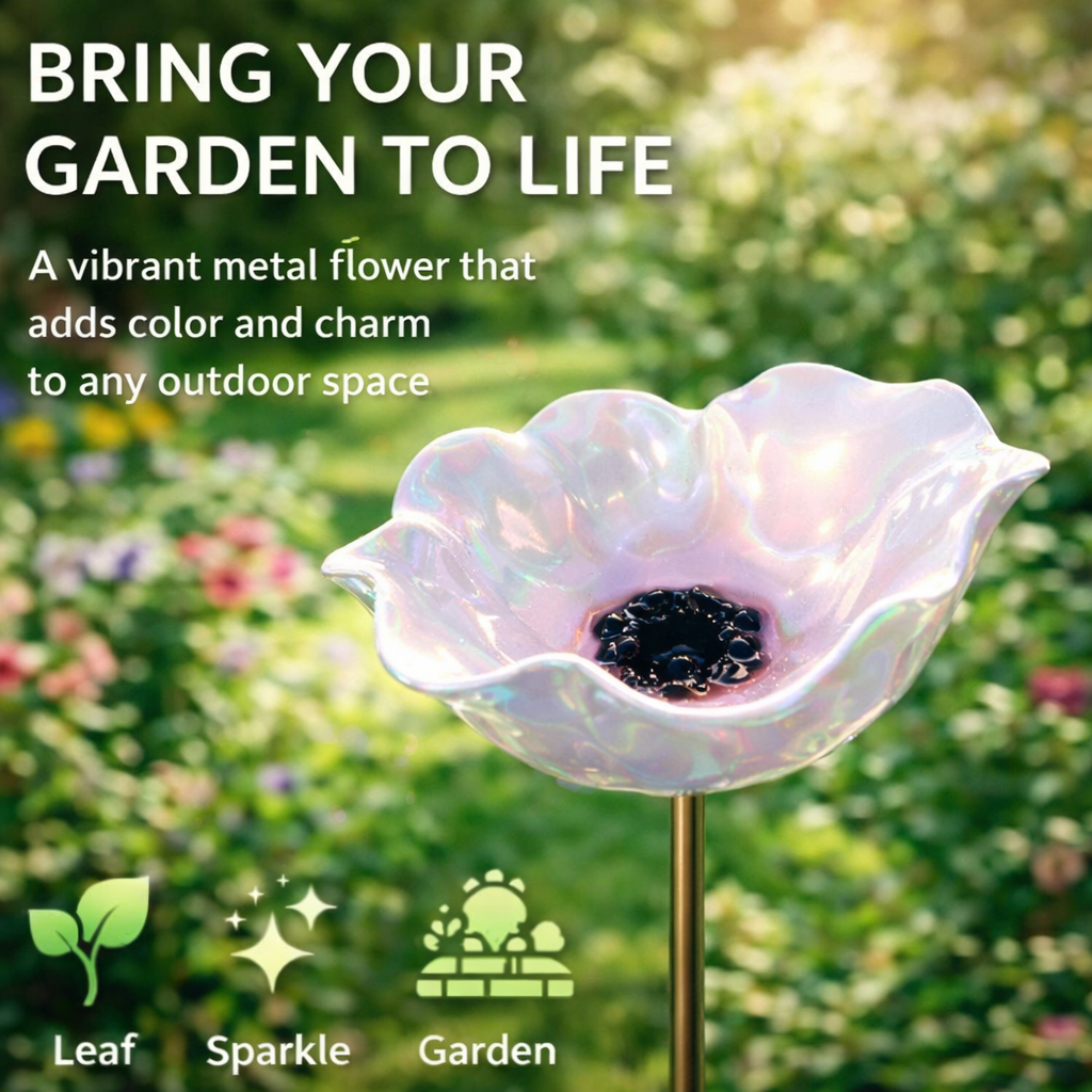 Metal flower garden stake with text 'Bring your garden to life' and 'Leaf', 'Sparkle', 'Garden' icons.