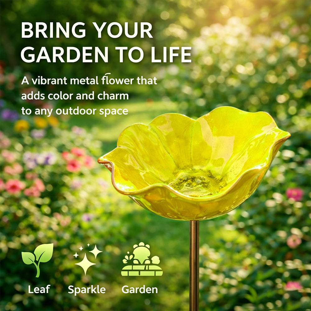 Yellow metal flower-shaped garden stake with text about bringing gardens to life, set against a garden background.