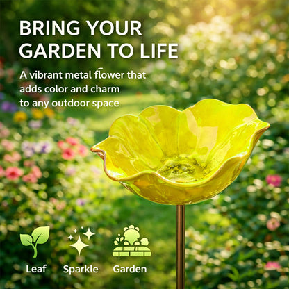 Yellow metal flower-shaped garden stake with text about bringing gardens to life, set against a garden background.