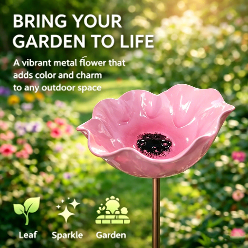 Pink metal flower on a green garden background with text 'Bring Your Garden to Life'.