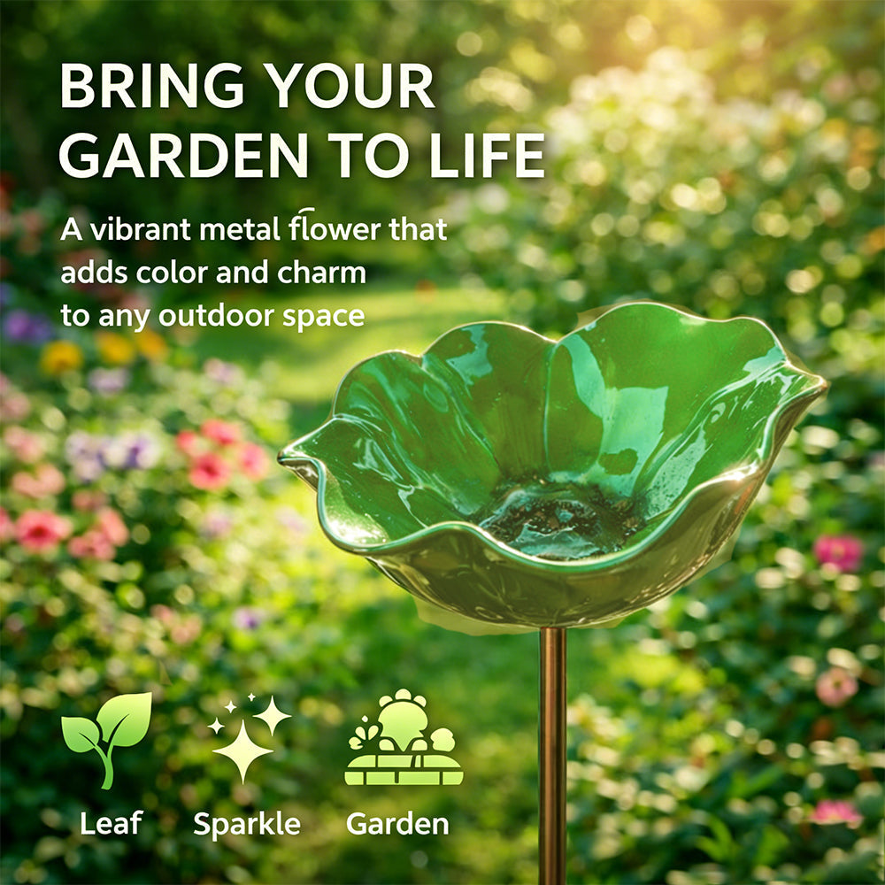 Green metal flower-shaped garden stake with text 'Bring your garden to life' and description.