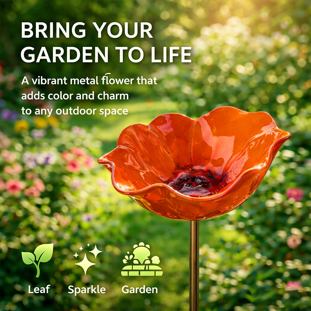 Orange metal flower on a stand with garden background and text about adding color and charm to gardens.