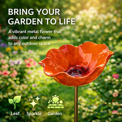 Orange metal flower on a stand with garden background and text about adding color and charm to gardens.