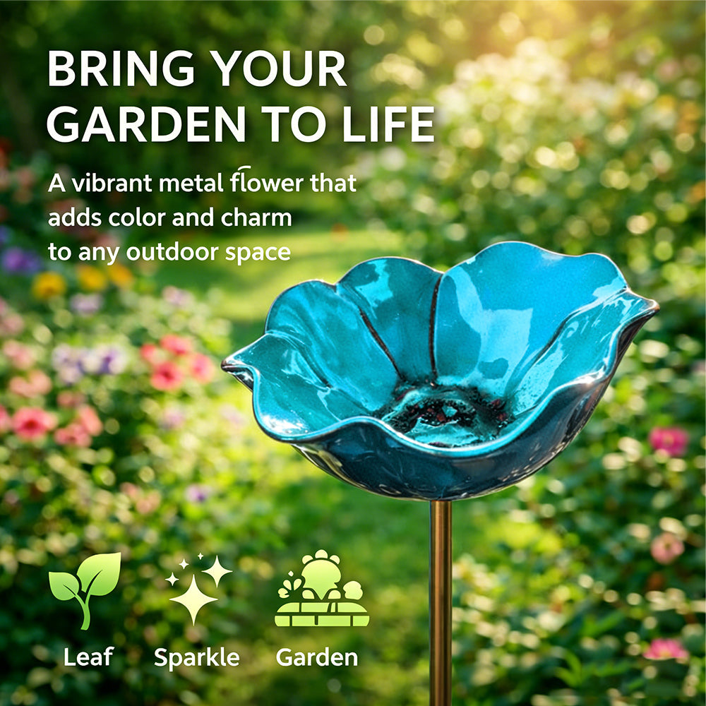 Blue metal flower-shaped garden stake with text 'Bring your garden to life' on a blurred garden background.