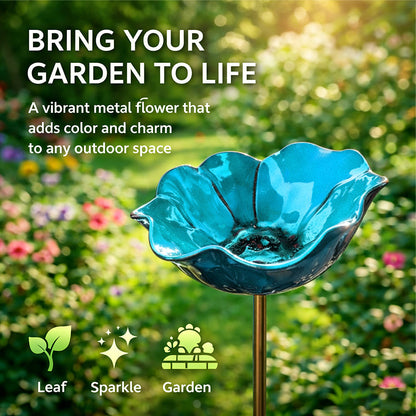 Blue metal flower-shaped garden stake with text 'Bring your garden to life' on a blurred garden background.