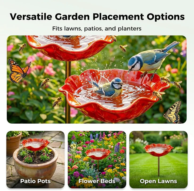 Red bird bath with birds and butterflies in a garden setting, labeled for versatile placement options.