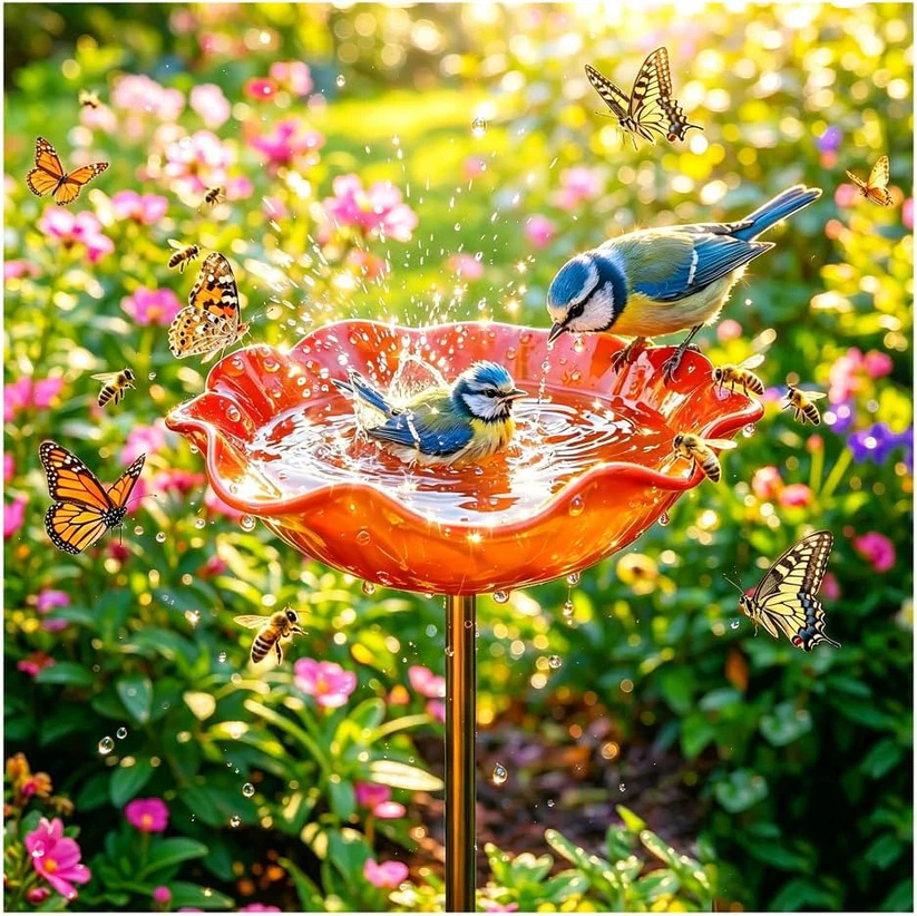Two bluebirds at a red bird bath with butterflies and flowers in the background