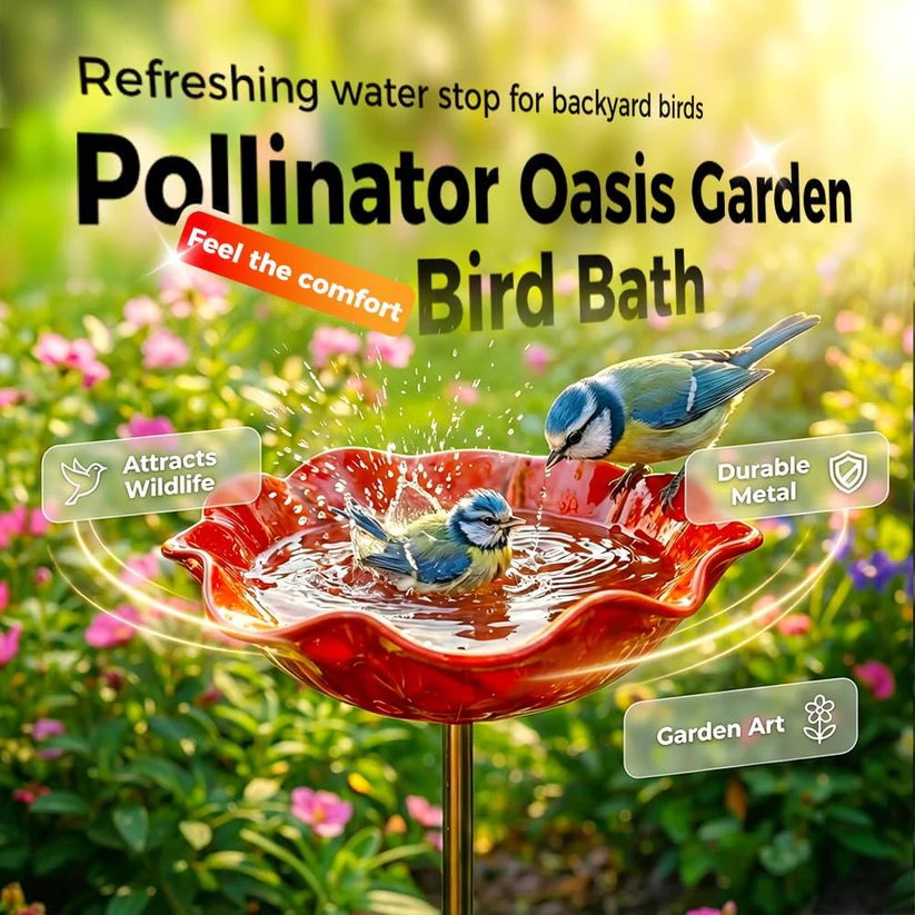 Bird bath with birds splashing in it, surrounded by garden elements and text about the product.