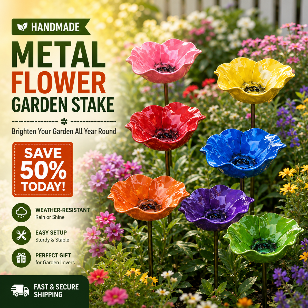 Colorful metal flower garden stakes in a garden setting with promotional text.