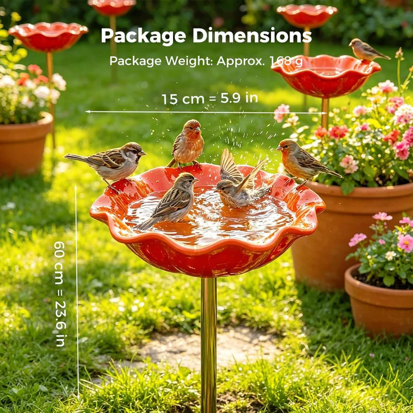 GardenStudio™ Red bird bath with birds in a garden setting, including package dimensions text.