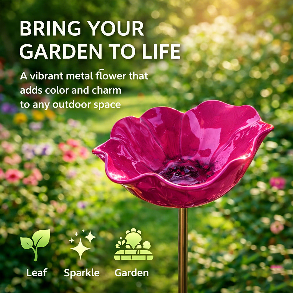Vibrant metal flower on a garden stake with text about adding color and charm to gardens.