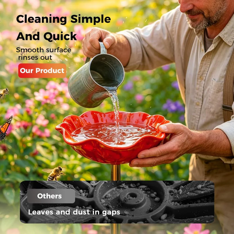Man pouring water into a red bird bath with text about product effectiveness.