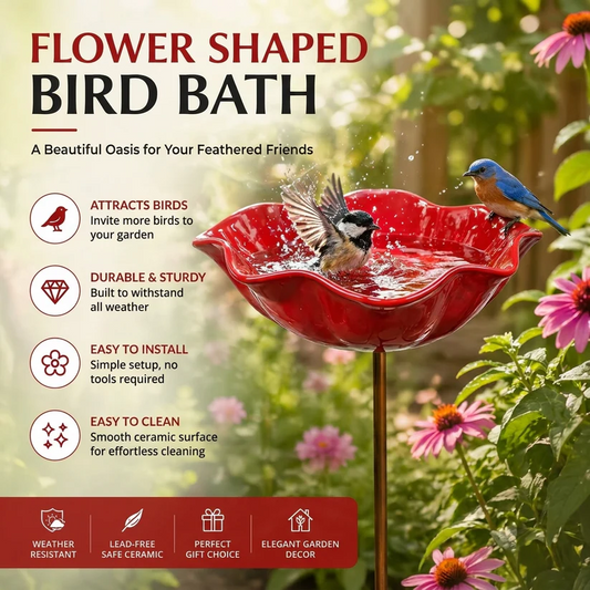 GardenStudio™ Red flower-shaped bird bath with birds in a garden setting, featuring text about its features.
